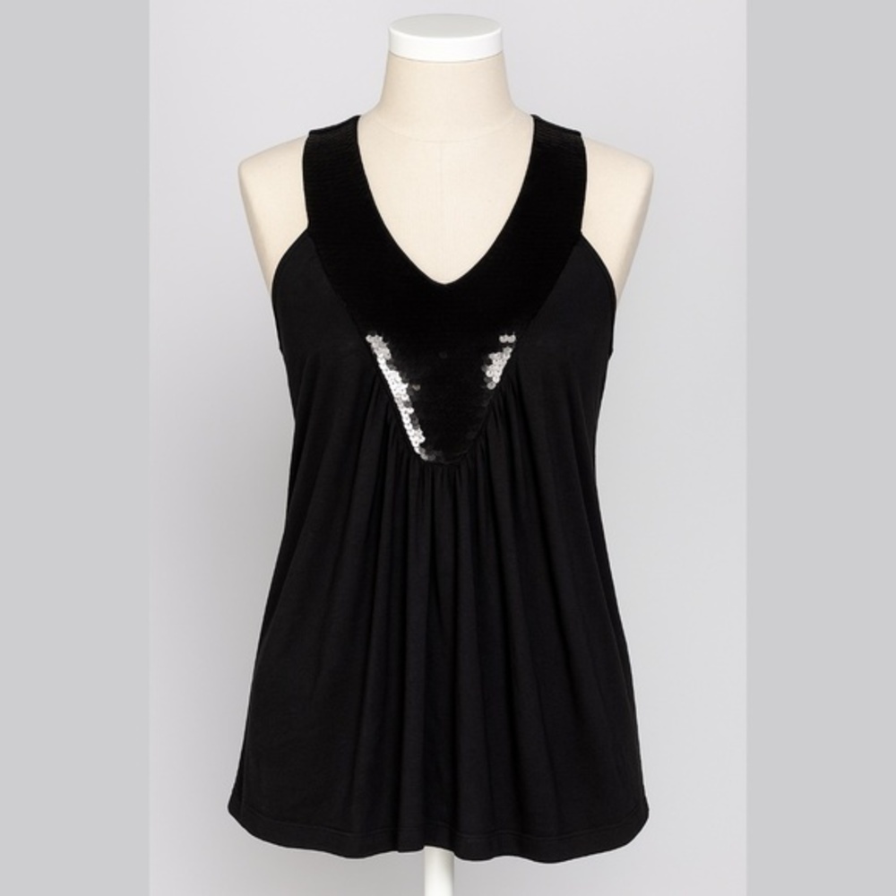 Y2K Black Sequin Deep V Tunic Tank Top Size S